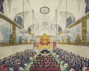 Innenansicht des House of Lords im Palace of Westminster, gedruckt und veröffentlicht von Charles Ingrey, ca. 1830